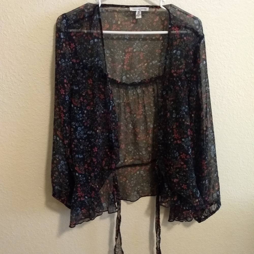 American eagle floral sheer tie front top